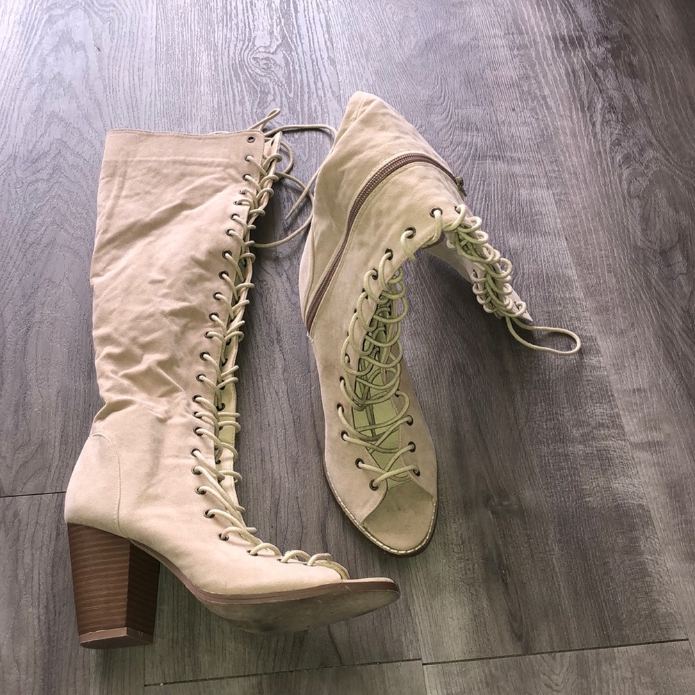 Tan thigh high open toe boots